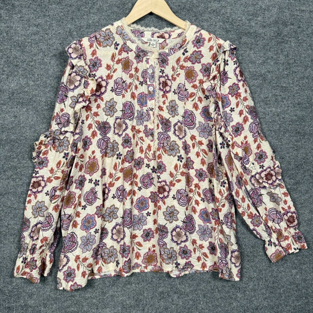 The Pioneer Woman Size 1X Peasant Blouse Beige Floral Ruffle Sleeves Lace Trim